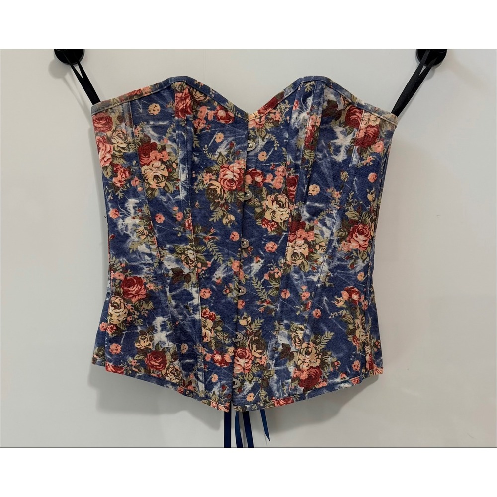 Floral Corset Top Blue Wash Print Lace Up Bustier Sweetheart corset womens L/XL